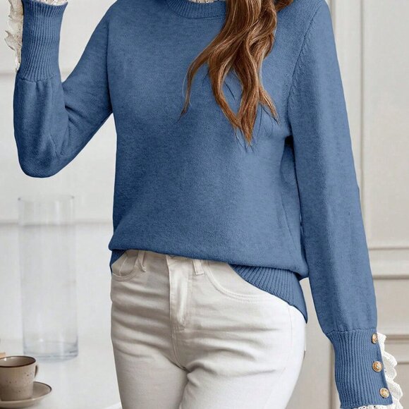 Blue Casual Elegant Women's Long Sleeve Contrast Embroidered Floral Sweater - Picture 5 of 6